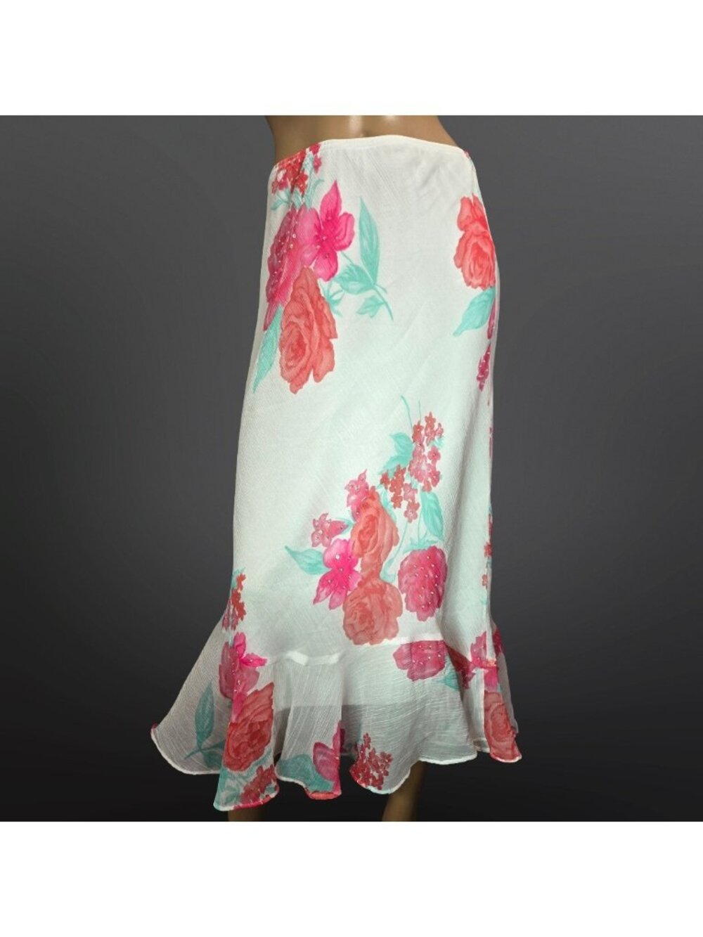 Vintage Y2K White Pink Floral Beaded Sequin Maxi Skirt Size M Bias Cut Ruffle